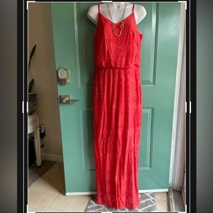 Red Orange Full Length Crochet Dress by Sharagano size 12
